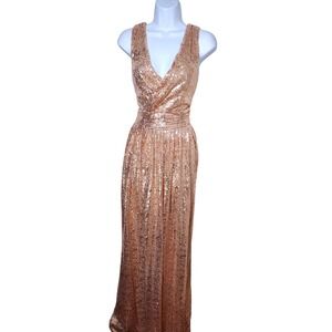 Kate Kasin Rose Gold Sequin Gown Size 14 L V-Neck Maxi Dress Formal Prom Modest